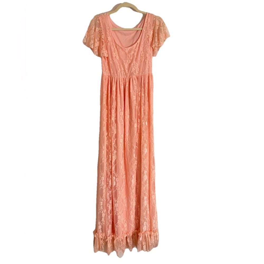 Women’s Boutique Pink Coquette Sz Medium Maxi Dress Flutter Sleeve Cottage Lace